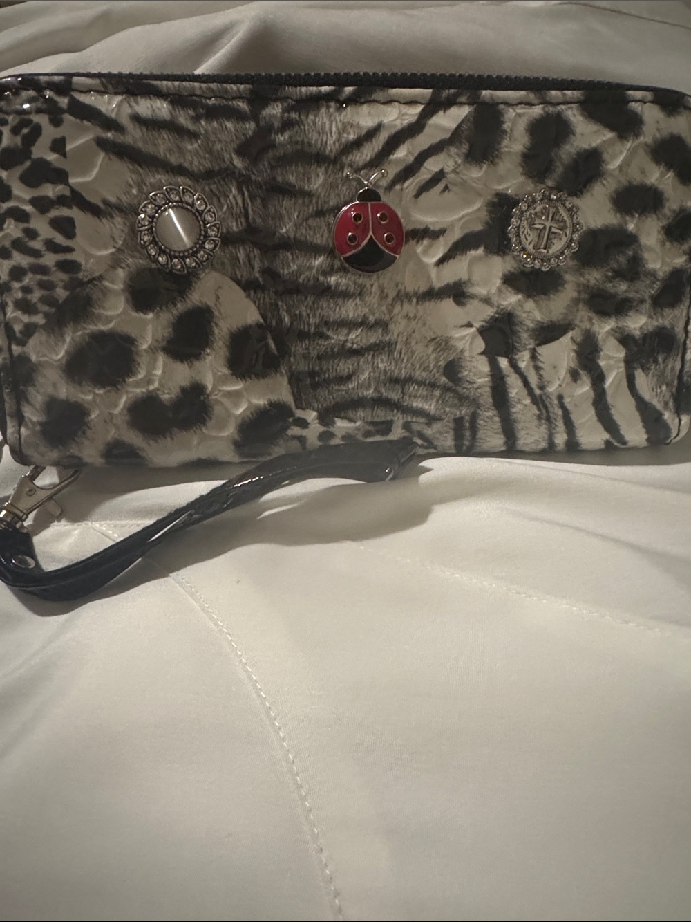 Animal Print Clutch Bag with Decorative Charms - Black & White